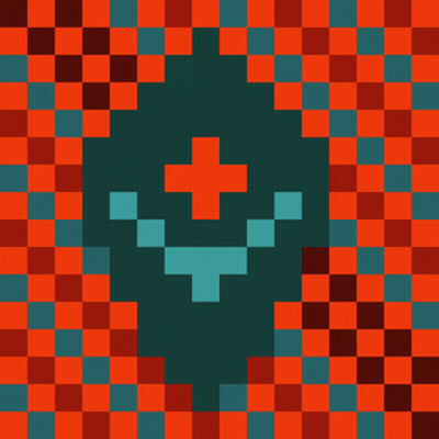 Pixel Art Cross on Red and Blue Checkered Background