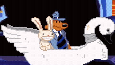 Pixel Art Dog And Rabbit Riding Swan GIF