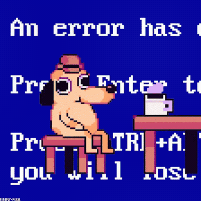 Perro pixel art sentado en una mesa con pantalla de error de Windows GIF