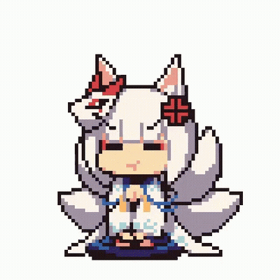 Pixel Art Fox Girl With White Hair And Red Ears Sitting On Table GIF
