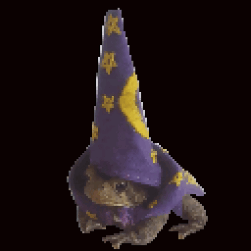 Pixel Art Frog In Purple And Yellow Wizard Hat GIF
