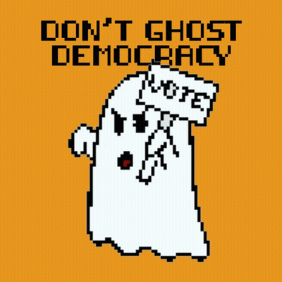 Pixel Art Ghost Holding Vote Sign GIF