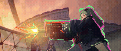 Pixel Art Girl Holding Gun In Front Of Avengers Building GIF