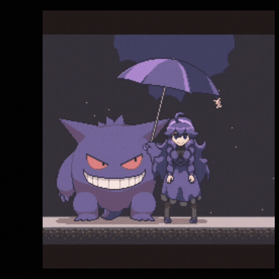 Pixel Art Girl Holding Umbrella Next To Purple Monster GIF