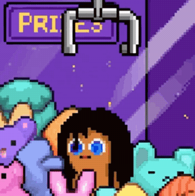 Pixel Art Girl In Claw Machine Surrounded By Stuffed Animals GIF