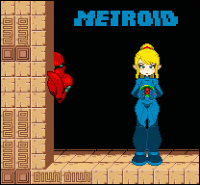 Pixel Art Girl In Front Of Metroid Logo GIF