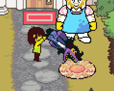 Pixel Art Girl Next To Giant Cartoon Character GIF