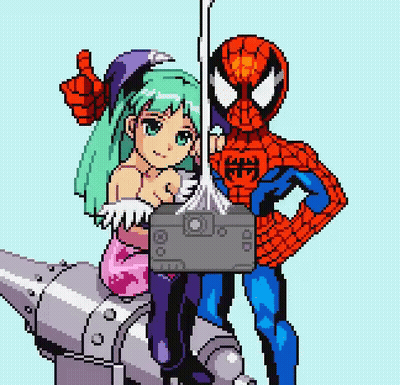 Pixel Art Girl On Robot With Spiderman Holding Remote GIF