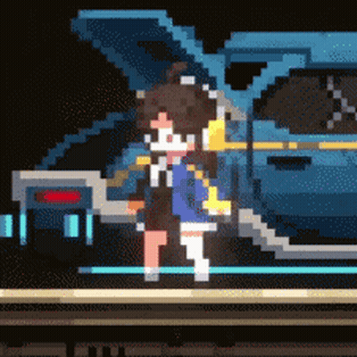 Pixel Art Girl Standing Next To Blue Car GIF