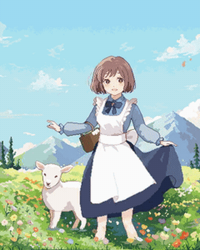 Pixel Art Girl With Basket And Lamb GIF