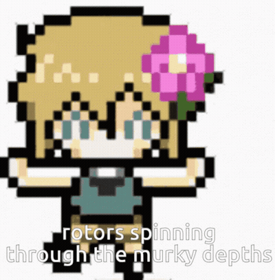 Pixel Art Girl With Flower In Her Hair Rotors Spinning Through The Murky Depths GIF