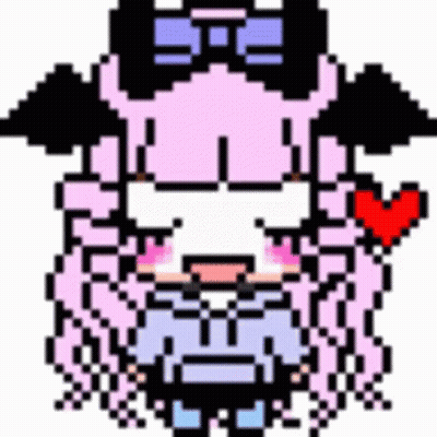 Pixel Art Girl With Pink Hair And Black Horns Holding Heart GIF