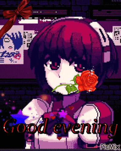 Pixel Art Girl With Rose Saying Good Evening GIF