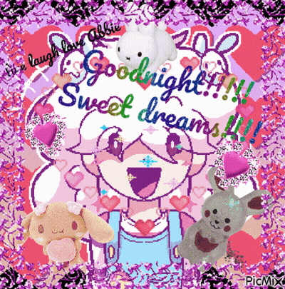 Pixel Art Girl With Stuffed Animals Saying Goodnight Sweet Dreams GIF