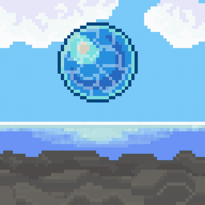 Pixel Art Globe Floating In Sky Over Water GIF