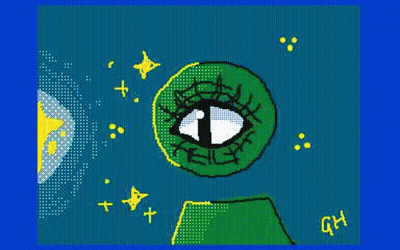 Pixel Art Green Alien With Eye Stars GIF