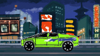 Pixel Art Green Car In Front Of Hot Wheels Sign GIF