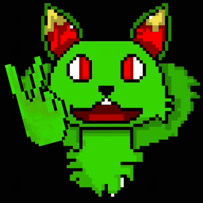 Pixel Art Green Cat With Red Ears Covering Face GIF