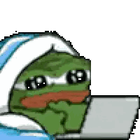 Pixel Art Green Frog Wearing Hoodie Using Laptop Sticker