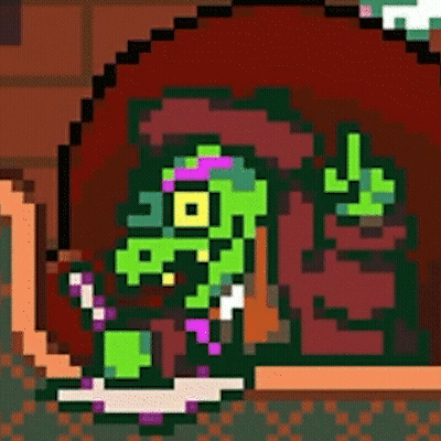 Pixel Art Green Monster With Purple Hat And Candy Cane GIF