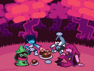 Pixel Art Group Around Table With Cake GIF