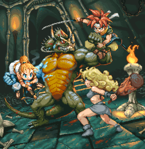 Pixel Art Group Fighting Monsters GIF