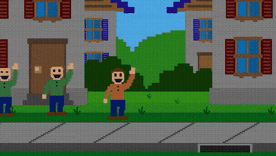 Pixel Art Group Standing In Front Of House GIF