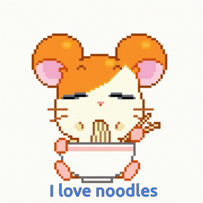 Pixel Art Hamster Eating Noodles Saying I Love Noodles GIF