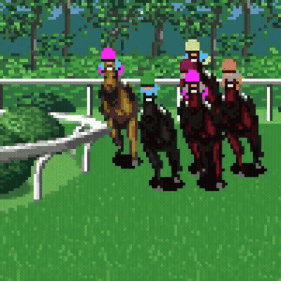 Pixel Art Horse Race With Pink And Blue Helmets GIF