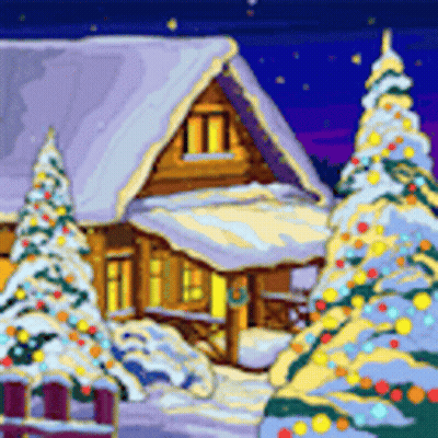 Pixel Art House Surrounded By Snow Covered Christmas Trees GIF