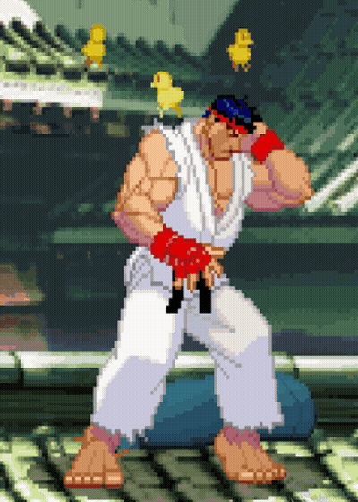 Pixel Art Karate Man With Two Yellow Ducks On Head GIF
