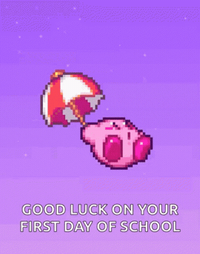 Pixel Art Kirby Holding Umbrella Good Luck On Your First Day Of School GIF