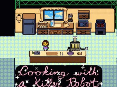 Pixel Art Kitchen Cooking With Killer Robot GIF