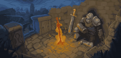 Pixel Art Knight With Sword Next To Campfire GIF