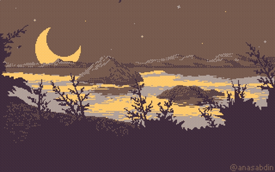 Pixel Art Lake At Night With Crescent Moon GIF