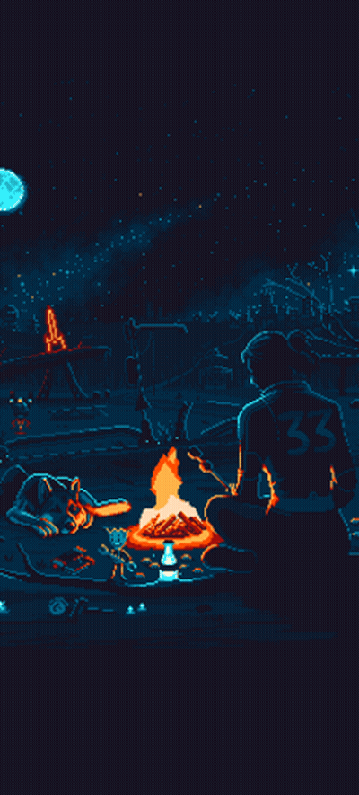 Pixel Art Man And Dog Sitting Around Campfire At Night GIF
