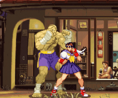 Pixel Art Man And Girl Fighting In Front Of Building GIF