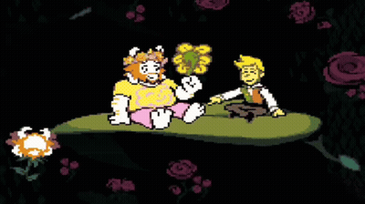 Pixel Art Man And Woman On Leaf With Flowers GIF