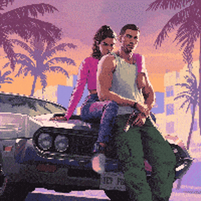 Pixel Art Man And Woman Sitting On Car GIF