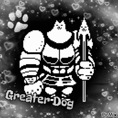 Pixel Art Man Holding Stick Saying Greater Dog GIF