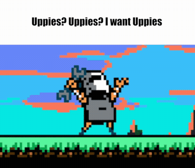 Pixel Art Man Holding Sword Saying Uppies Uppies I Want Uppies GIF