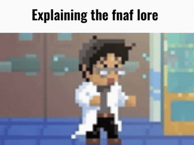 Pixel Art Man in Lab Coat and Glasses Explaining FNAF Lore