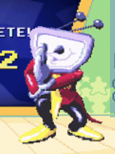 Pixel Art Man In Red Coat Beside Stool Cartoon GIF