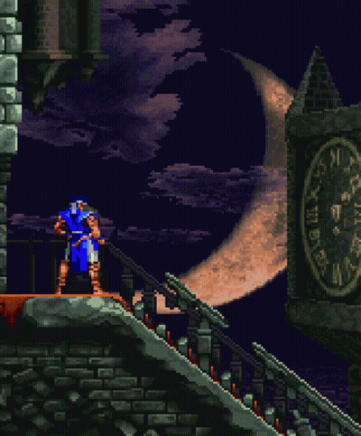 Pixel Art Man On Balcony With Clock And Full Moon GIF