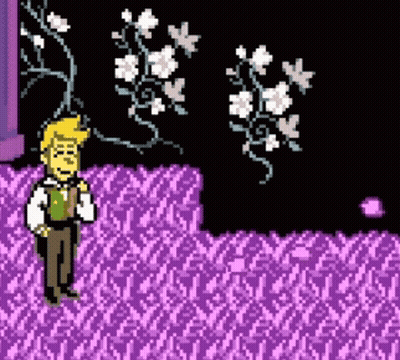Pixel Art Man Standing In Purple Field With Flowers GIF