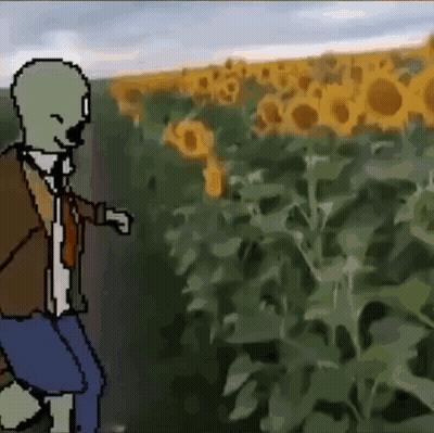Pixel Art Man Walking Through Sunflowers GIF