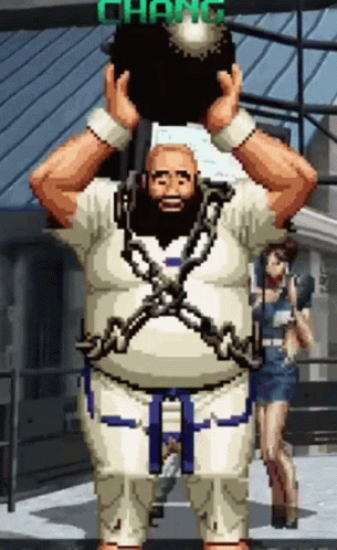 Pixel Art Man With Chains Holding Ball With Text Chang GIF