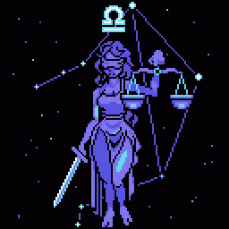 Pixel Art Of Lady Justice Holding Scales And A Sword With The Zodiac Sign Libra GIF
