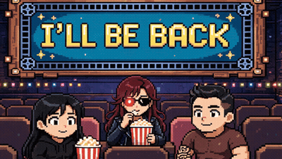 Pixel Art People Watching Movie Saying I'll Be Back GIF