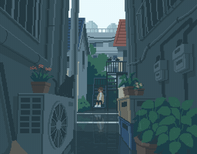 Pixel Art Person Biking Down Dark Alley GIF